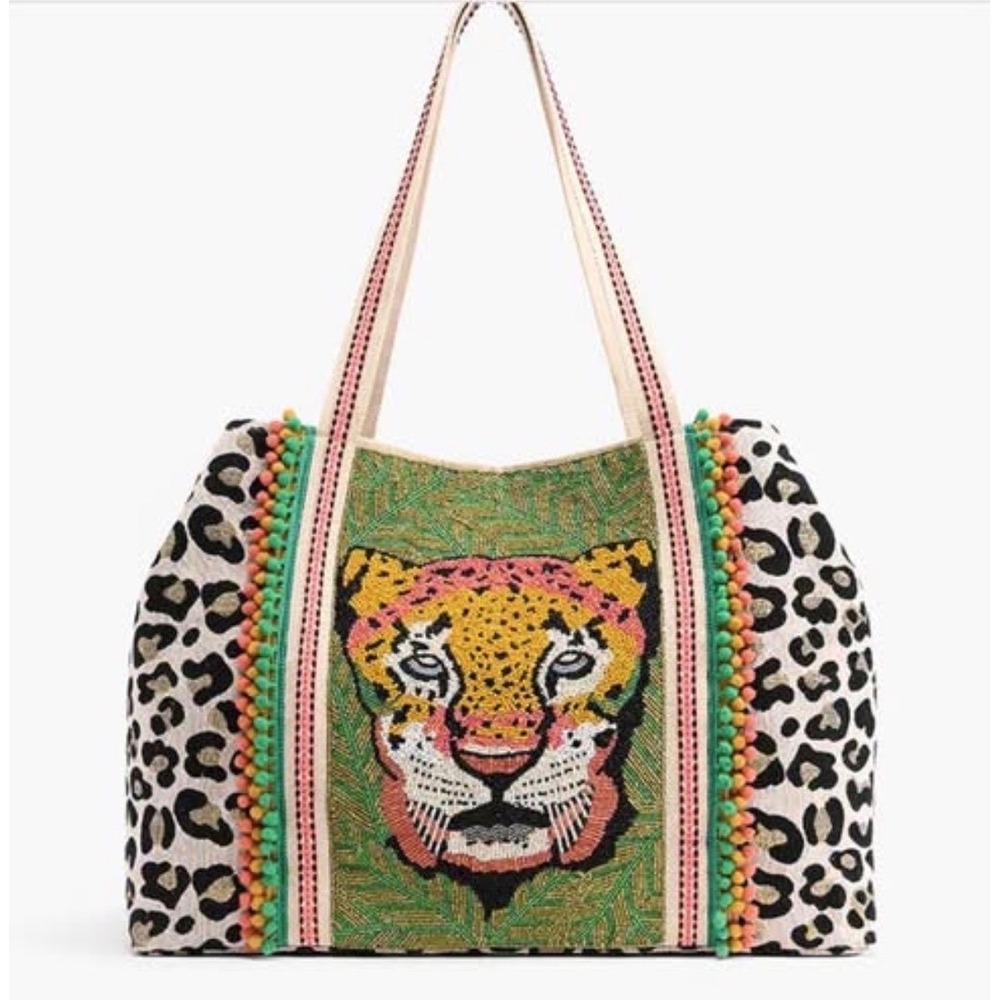 America & Beyond Viral Handcrafted Beaded Cheetah Overnight Large Tote Bag  NWT